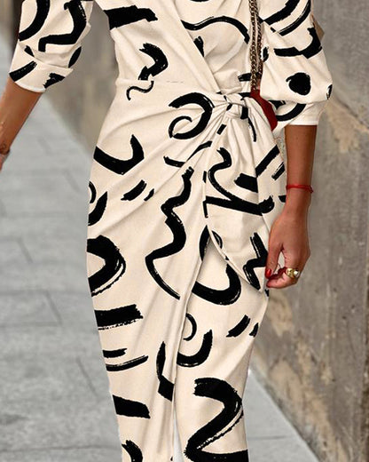 Abstract Print Turn-down Collar Tied Detail Ruched Dress Casual Wrap Front Vacation Dress