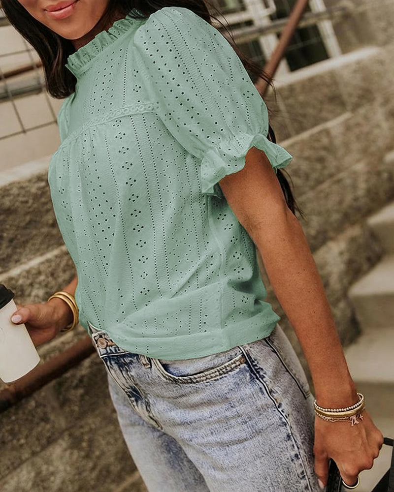 Elegant Frill Hem Stand Collar Puff Sleeve Blouse Casual Hollow Out Embroidery Pullover Top