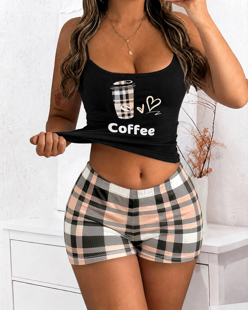 Women's Two Piece Pajamas Set Coffee Print Adjustable Strap Crop Cami Top and Plaid Shorts