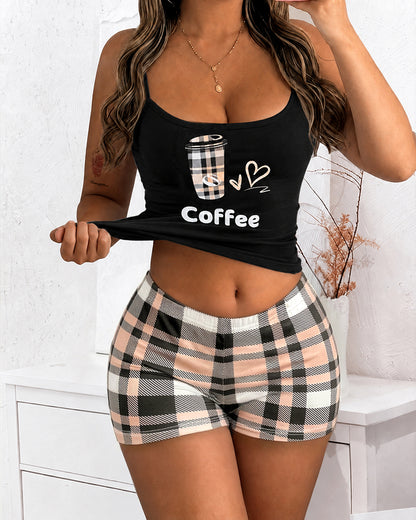 Women's Two Piece Pajamas Set Coffee Print Adjustable Strap Crop Cami Top and Plaid Shorts