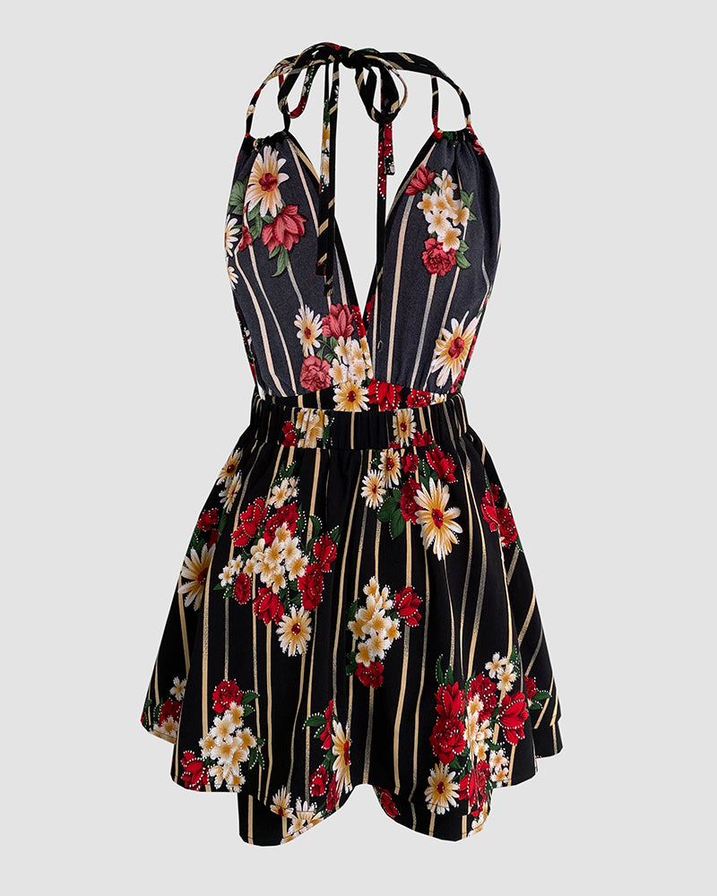 Women's Halter Tie Backless Romper Deep V Neck Rhinestone Floral Skorts Romper