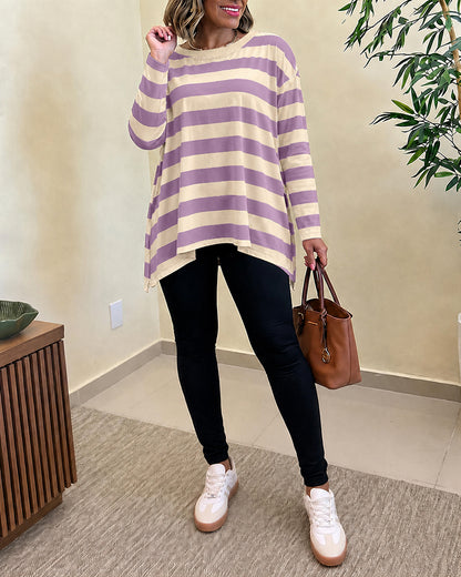 Women's Striped T Shirt Long Sleeve Drop Shoulder Crewneck Tee Side Slit Casual Loose Fit Top
