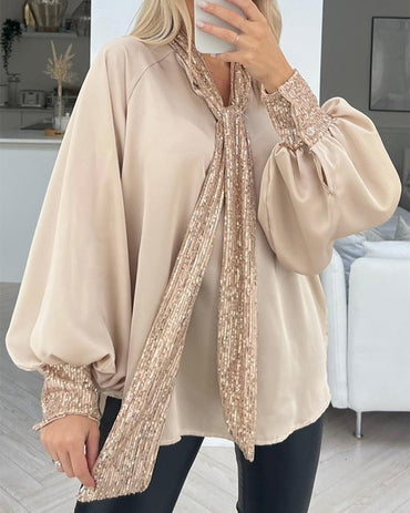Tie Neck Contrast Sequin Lantern Sleeve Top