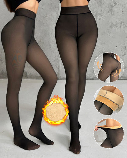 Women's Fleece Lined Tights Fake Translucent Warm Pantyhose High Waist Elastic Thermal Winter Stockings