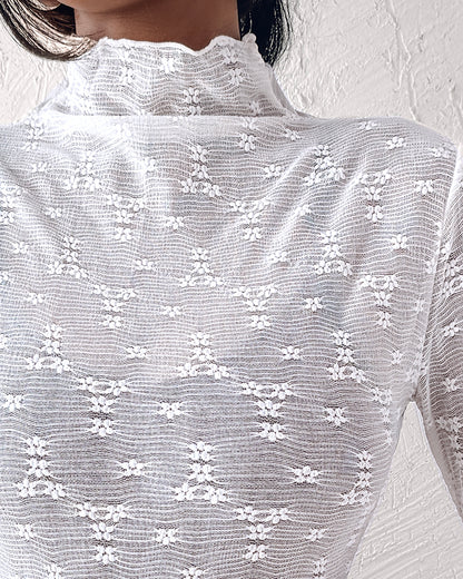 Lace Frill Hem Mock Neck Long Sleeve T-Shirt Sexy Floral Sheer Mesh Hollow Out Top