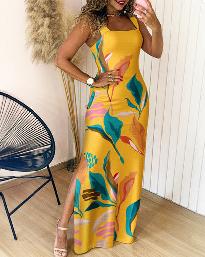 Tropical Print Thick Strap U-neckline Slim Fit Slit Maxi Dress Vocation Dress with Pockets