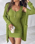 2 Pieces Outfit U-Neck Half Button Front Slim Fit Mini Tank Dress and Long Sleeve Pockets Design Cardigan Casual Rhinestone Decor Textured Set