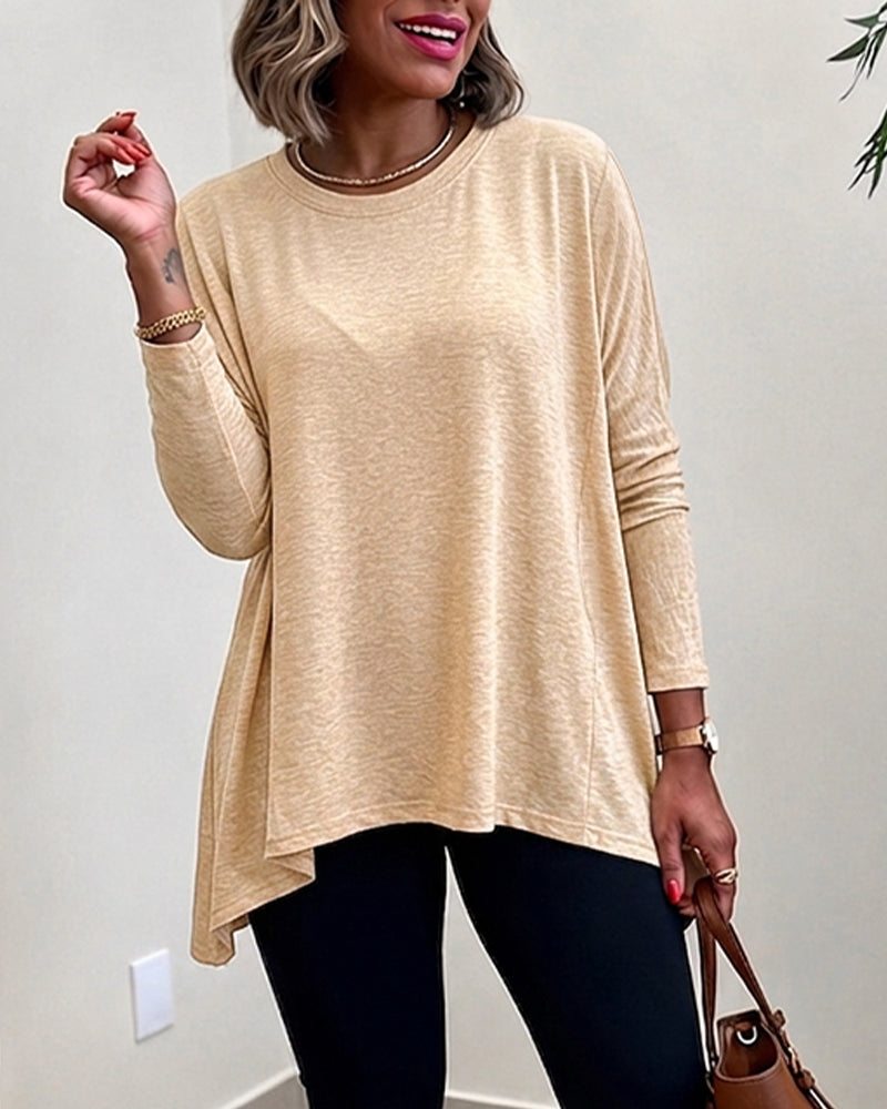 Haut à manches longues avec ourlet asymétrique pour femme, coupe ample, épaules tombantes, col rond, doux, ample, décontracté