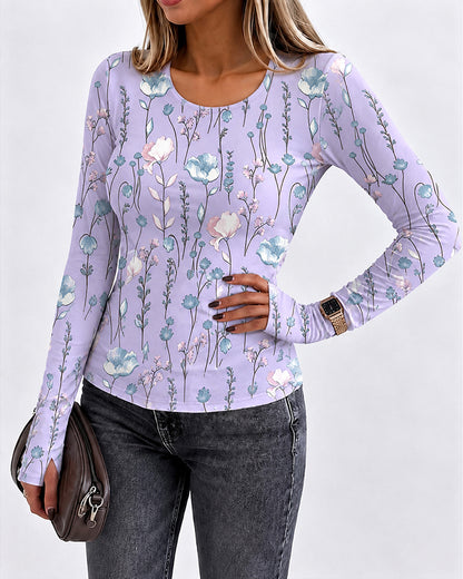 Women's Floral Print Slim Fit Crewneck Long Sleeve Top with Thumbholes