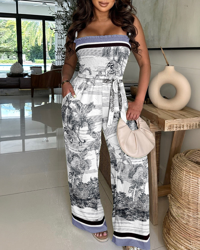 CHICME Women's Landscape Print Stretchy Straps Shirred Romper Convertible Strapless Wide Leg Bandeau Jumpsuit with Belt
