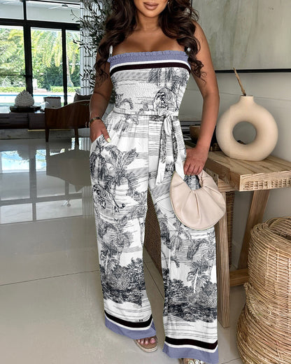 CHICME Women's Landscape Print Stretchy Straps Shirred Romper Convertible Strapless Wide Leg Bandeau Jumpsuit with Belt