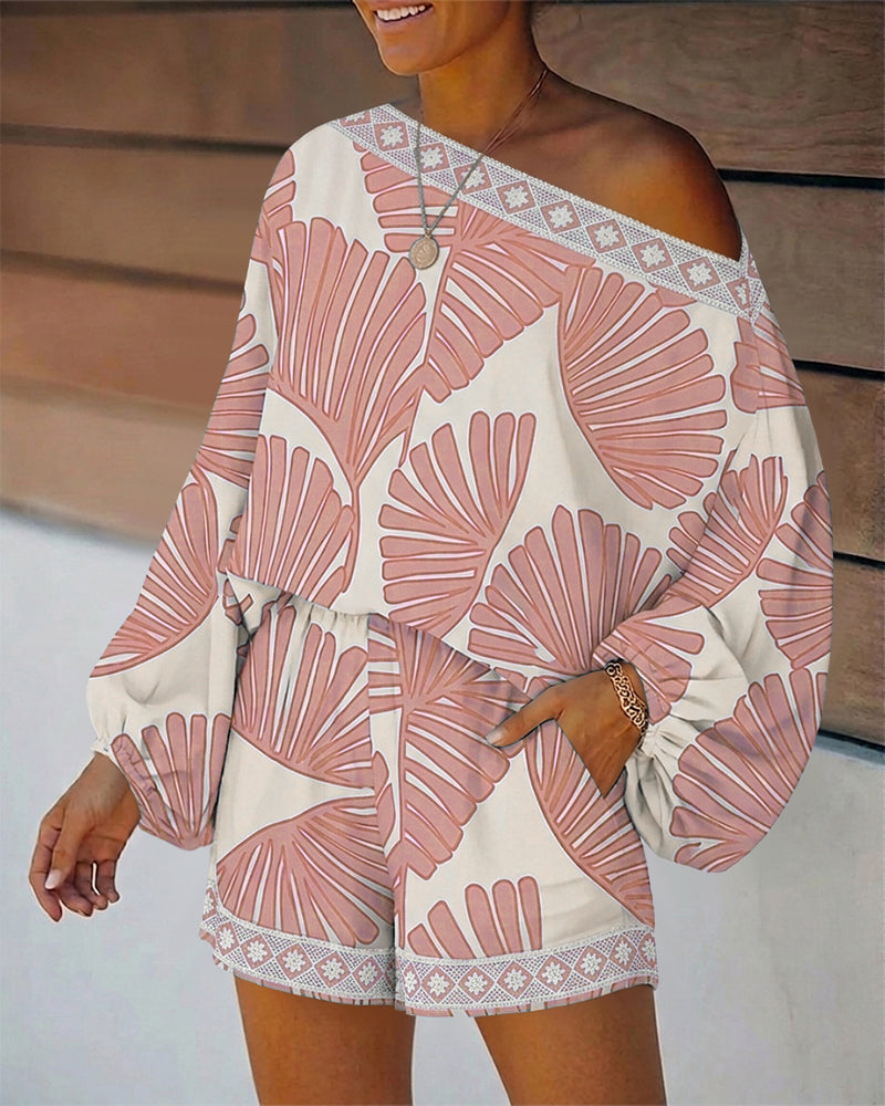 Women's Tropical Leaf Print 2 Piece Set Skew Neck Lantern Sleeve Top and Elastic Waist Shorts with Pockets & Lace