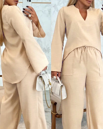 2 Piece Notch Neck Long Sleeve Asymmetrical Hem Tops Stretchy Waist Straight Leg Pants Lounge Sets Tracksuit