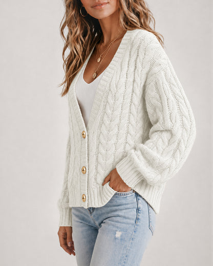 Women's Cable Knit Cardigan V Neck Button Down Chunky Knit Sweater Loose Lantern Sleeve Warm Outerwear