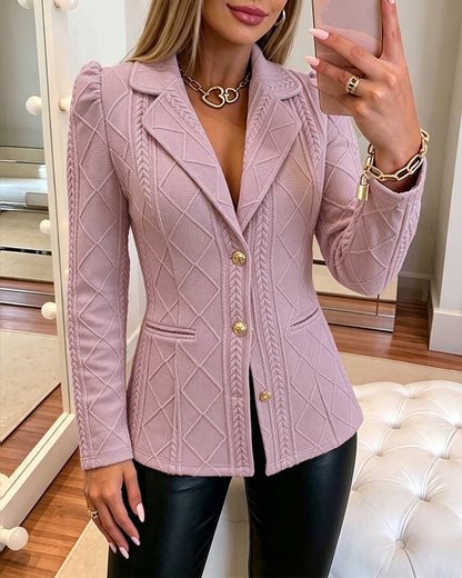 Blazer elegante de mujer con textura de cuadros de rombos, corte entallado, mangas abullonadas y botones dorados, chaqueta de traje para oficina con bolsillos