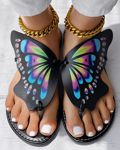 Colorblock Butterfly Print Toe Post Slippers