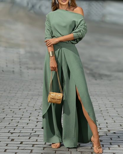 Two-Piece Set Cold Shoulder Batwing Sleeve Top and Casual Elastic Waist Slit Wide Leg Pants