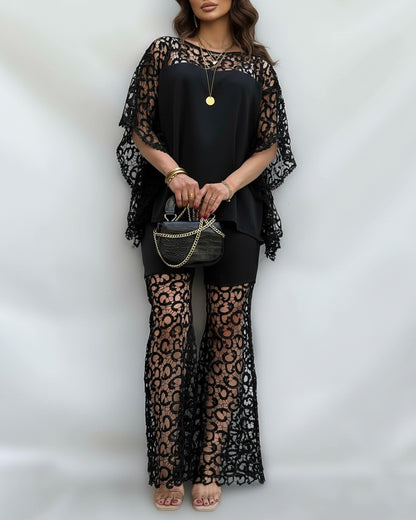 2 Pieces Outfit Batwing Sleeve Hollow-out Back Top and Elastic Waist Flared Pants Set Casual Hollow-out Lace Spliced Set