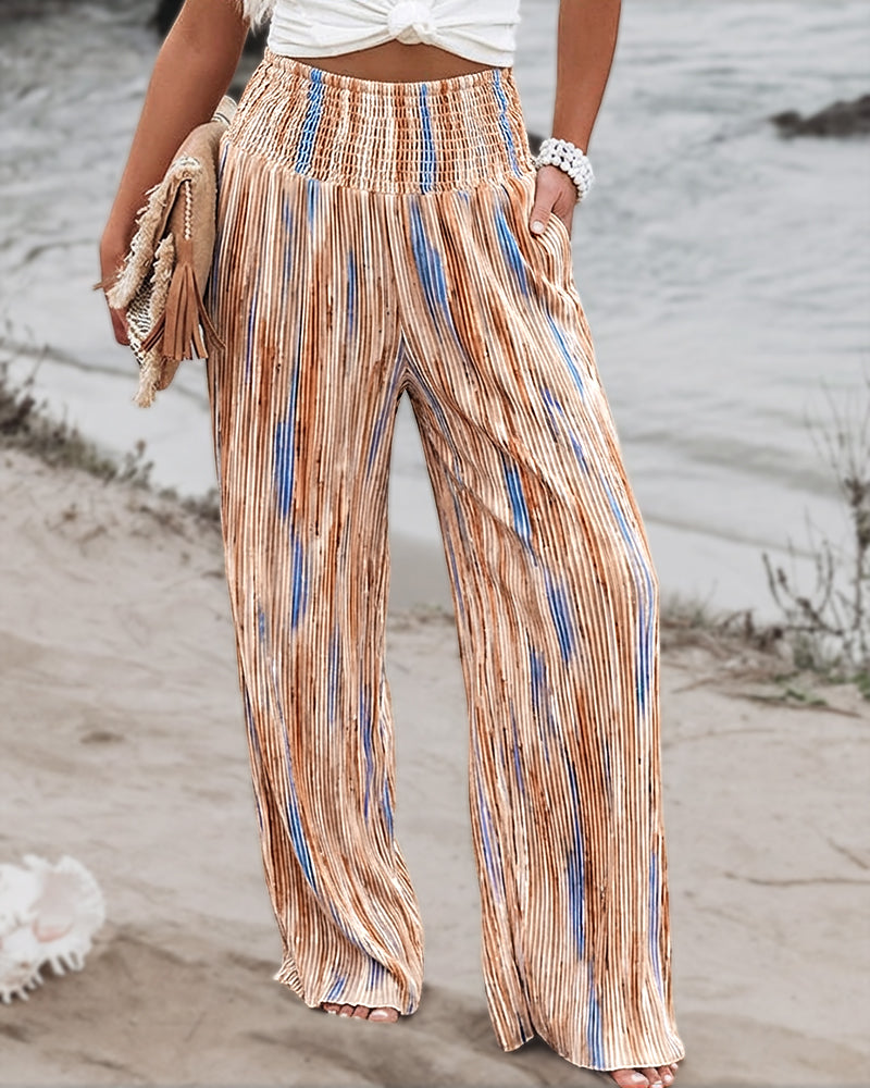 Tie Dye Print High Wait Elastic Waist Pleated Wide Leg Pants