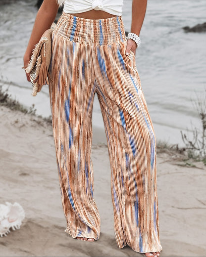 Tie Dye Print High Wait Elastic Waist Pleated Wide Leg Pants