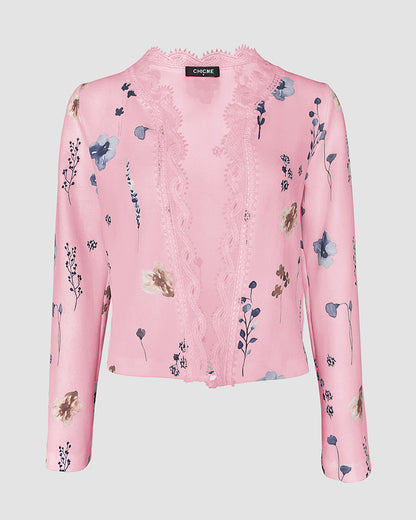 Floral Print Open Front Long Sleeve Casual Contrast Lace Short Cardigan