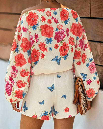 Women's Floral Butterfly Print 2-Piece Set Off-Shoulder Lantern Sleeve Top and High-Waisted Shorts Casual Vacation Outfit