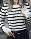 Women's Striped Crew Neck Gold Button Split Cuff Fitted Knit Top
