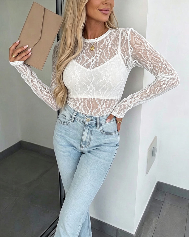 Women's Jacquard Textured Sheer Lace Long Sleeve Top Crewneck Slim Fit Tee with Thumb Holes
