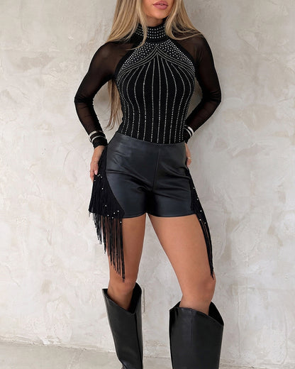 Women's Rhinestone Mesh Long Sleeve Mock Neck Top Slim Fit Tee