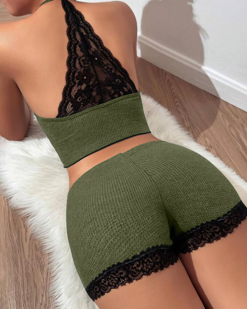 2 Pieces Colorblock Halter Contrast Lace Backless Tank Top & Waffle Knit Casual Shorts Sets