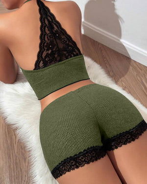 2 Pieces Colorblock Halter Contrast Lace Backless Tank Top & Waffle Knit Casual Shorts Sets