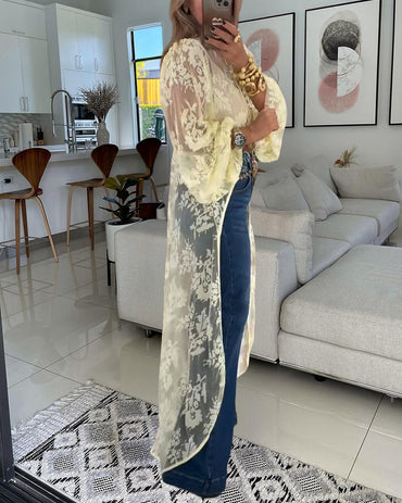 Mock Neck Lantern Sleeve High-Low Hem Floral Lace Sheer Top