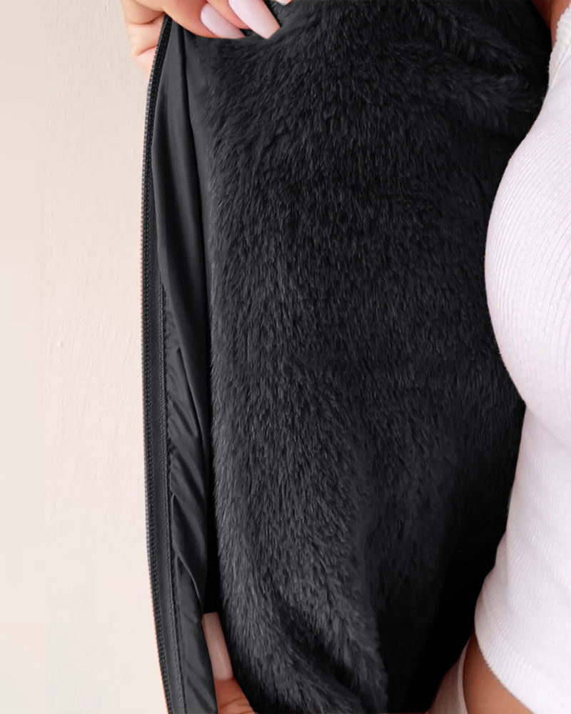 Zipper Pocket Design Shirred Fuzzy Trim Fleece Lined Hooded Puffer Jacket