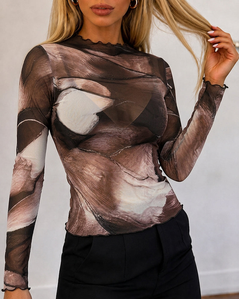 Women's Sheer Mesh Tie Dye Print Mock Neck Frill Trim Long Sleeve Top