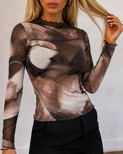 Women's Sheer Mesh Tie Dye Print Mock Neck Frill Trim Long Sleeve Top