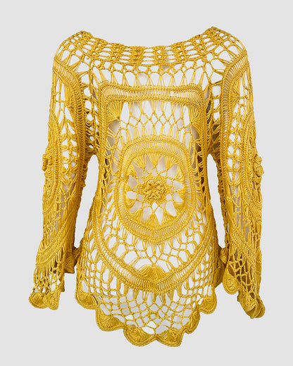 Women's Crochet Hollow Out Knit Top Batwing Sleeve Loose Cover Up Asymmetric Hem Sheer Bohemian Knitwear
