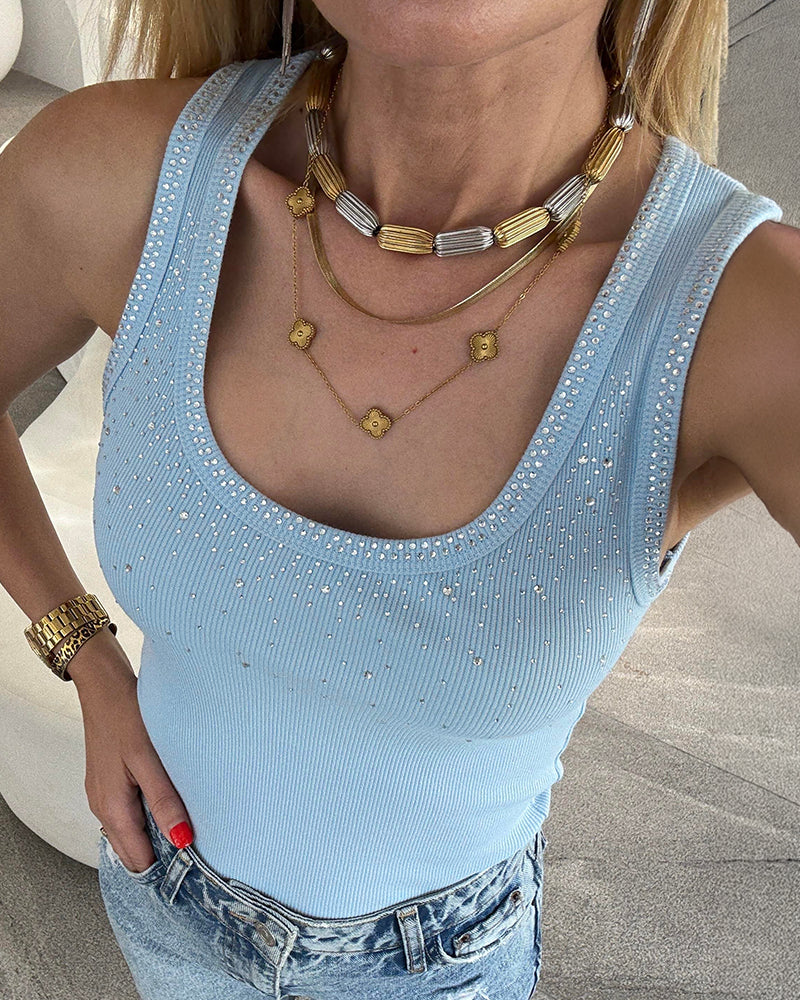 Rhinestone Decor U-Neck Sleeveless Slim Fit Ribbed Tank Top