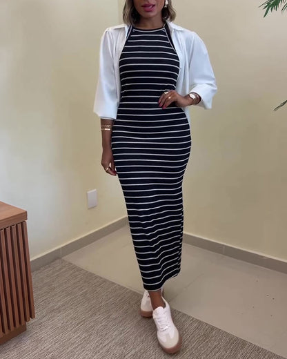 Women's Striped Halter Maxi Dress Sleeveless Ribbed Knit Dress Elegant Back Slit Slim Fit Casual Sundress