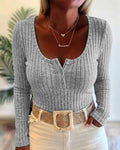 Women's Ribbed Henley Long Sleeve Knit Top Slim Fit Casual Pullover