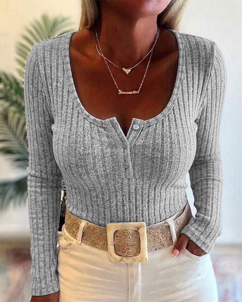 Women's Ribbed Henley Long Sleeve Knit Top Slim Fit Casual Pullover