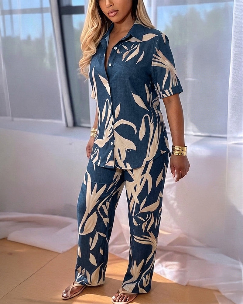 Women's 2 Piece Tropical Leaf Print Set Short Sleeve Button Down Shirt and Wide Leg Pants Vacation Outfits with Pockets