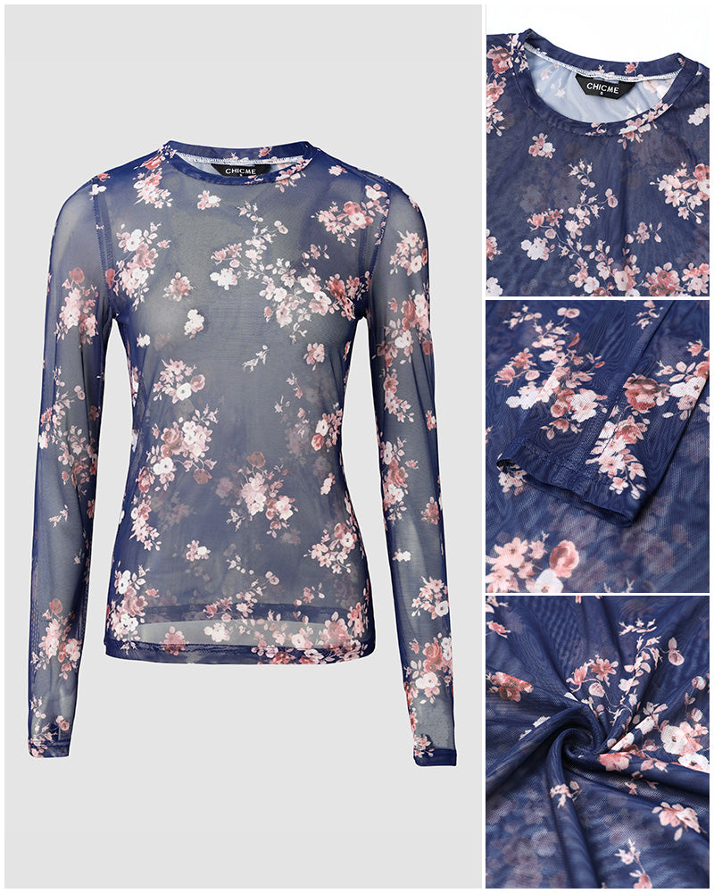 Women's Floral Print Sheer Mesh Top Long Sleeve Crewneck Slim Fit Tee with Thumb Holes