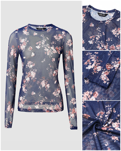 Women's Floral Print Sheer Mesh Top Long Sleeve Crewneck Slim Fit Tee with Thumb Holes