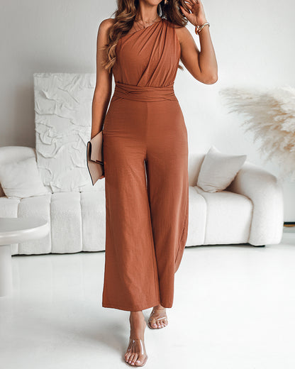 One Shoulder Sleeveless Ruched Cinched Waist Zipper Side Overalls Tied Detail Elastic Waist Wide Leg Jumpsuit