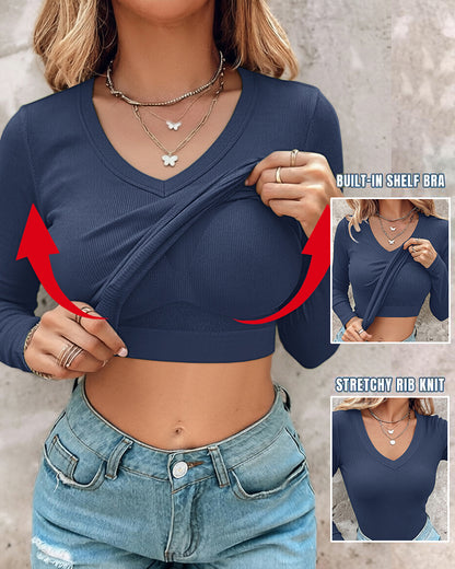Women's V Neck Long Sleeve Ribbed Knit Top Slim Fit Base Layer Shirt Soft Stretchy Casual Tee with Built-in Bra