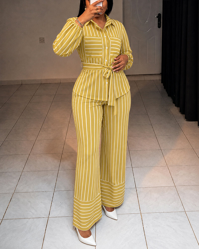 Women's Striped Two Piece Outfit Long Sleeve Shirt and High Waisted Straight Leg Pants Set with Belt Elegant Business Suits