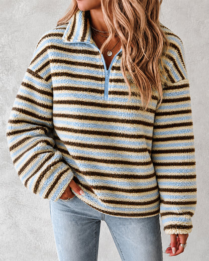 Women's Striped Fleece Sweatshirt Half Zip Fuzzy Sherpa Pullover Top