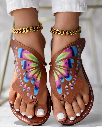 Colorblock Butterfly Print Toe Post Slippers