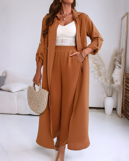 2 Pieces Outfit Turn-down Collar Turn-Up Sleeves Button Front Asymmetrical Hem Longline Blouse and Casual Elastic Waist Wide Leg Pants Set