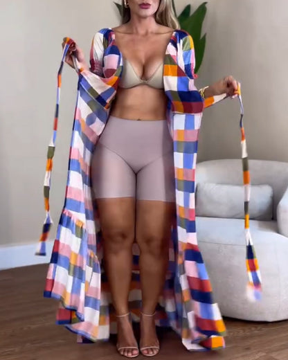 Colorful Plaid Print Overlap V-Neck Puff Sleeve Wrap Lace-Up Vacation Dress Casual Bow Tie Waist Ruffle Hem Maxi Dress